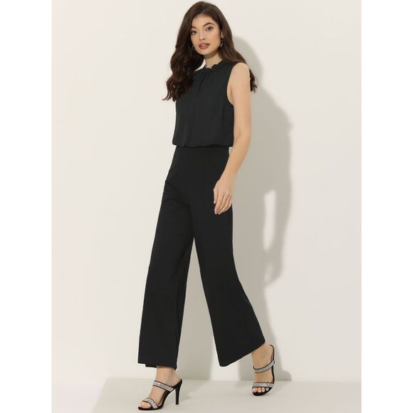 Business Casual Sleeveless Jumpsuit High Waist Wide Flare Leg Romper Black - Picture 3 of 5